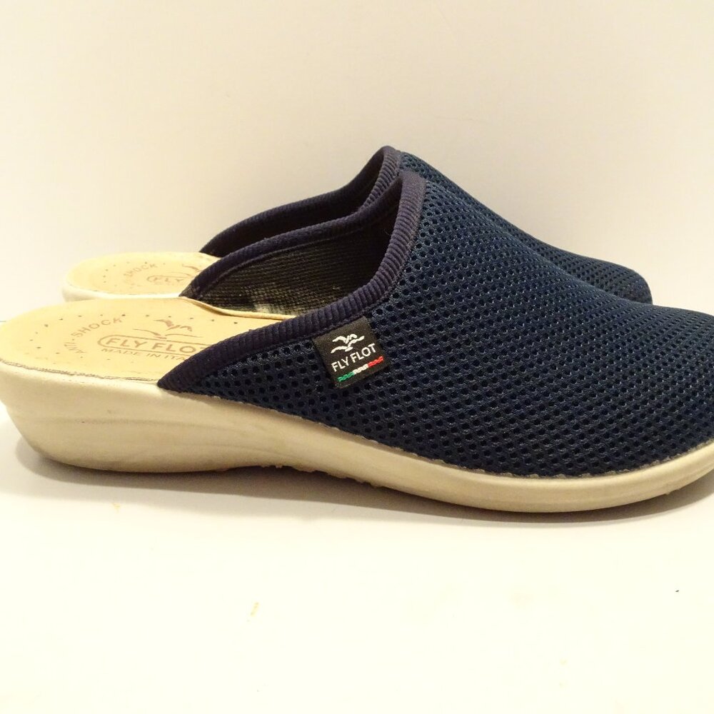 Fly Flot Mules Size 39 US 8 Blue Mesh Slip On Wedge Italy Comfort